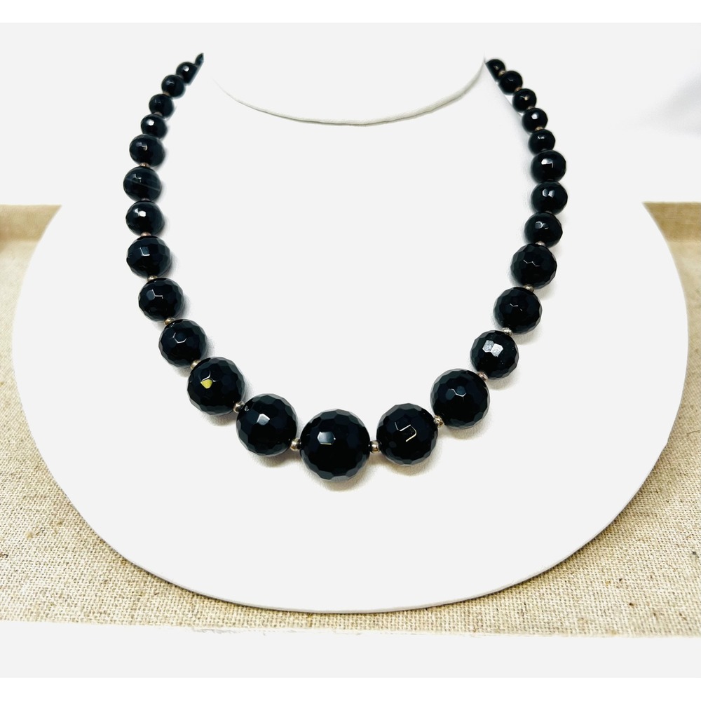 Faceted Black Onyx Graduated Bead Necklace Sterling Silver 925 Toggle Clasp